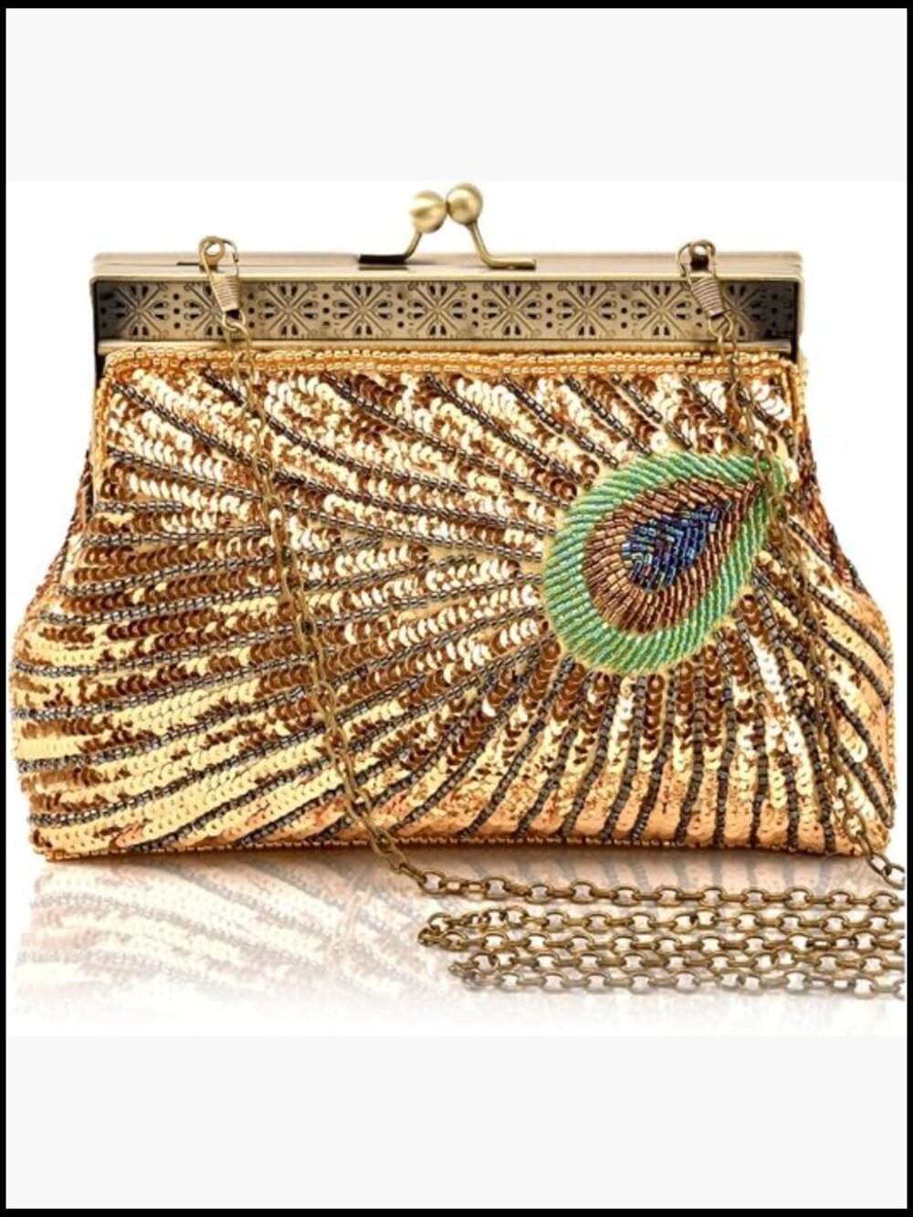 Sequined Peacock Clutch Evening Handbag Beaded Kiss Lock Shoulder Party Bag